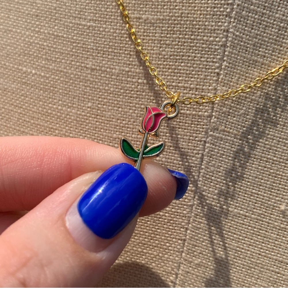 NWT Sterling Silver Plated Chain, Enamel Rose Flower Alloy Charm Neckkace - Picture 8 of 15